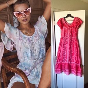 LoveShackFancy Dress Madeline Tie Dye Silk Ribbon Swiss-Dot Bordeaux S FLAWED